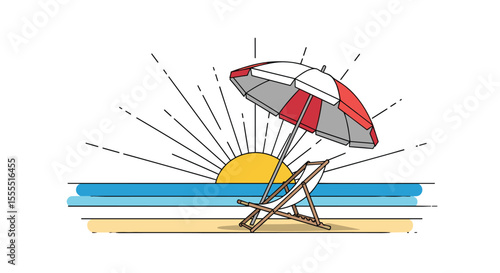 Serene Beach Scene with Sunrise Umbrella and Relaxing Chair by the Ocean