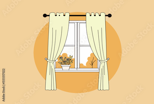 Window with Curtains and Potted Plant
