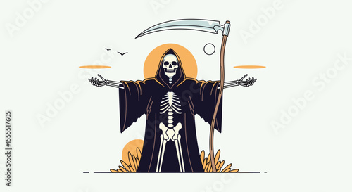 The Grim Reaper Standing Tall Holding a Large Scythe Under a Bright Sun Embracing the Horizon with Open Arms