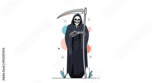 Grim Reaper Standing Holding Scythe With Colorful Circles Floating Behind It