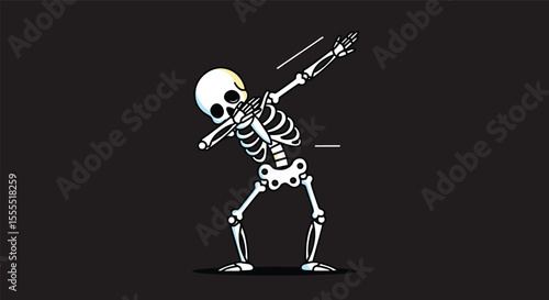 Hilarious skeleton performing a popular dance move with a joyful expression on a dark background