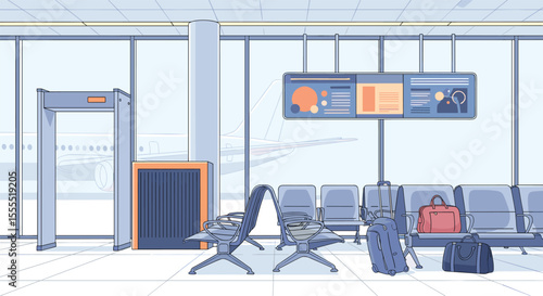 Pixelated airport departure lounge with security checkpoint and waiting passengers luggage in the waiting area
