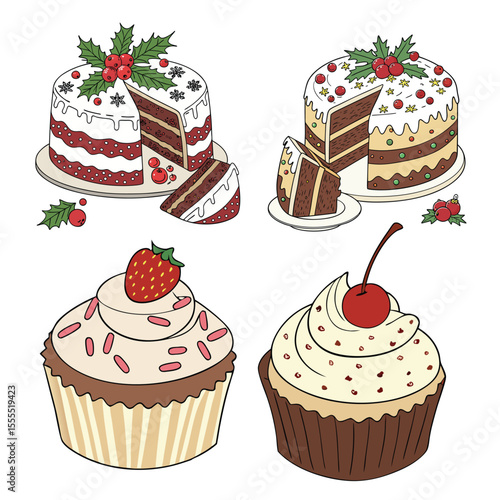 Cake, caramel, cupcake, macaron, ice cream, strawberries and cream, croissant, Sweet food. 3d vector icon set. Cake, ice cream, panna cotta, bubble tea, donut, cup of coffee, chocolate, candy