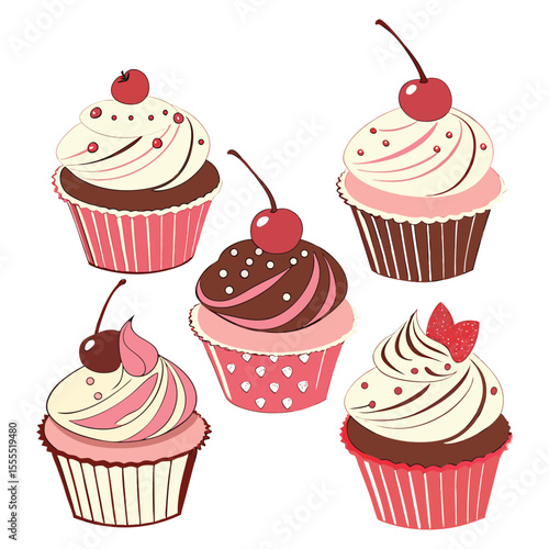 Sweet food. 3d vector icon set. Cake, ice cream, panna cotta, bubble tea, donut, cup of coffee, chocolate, candy