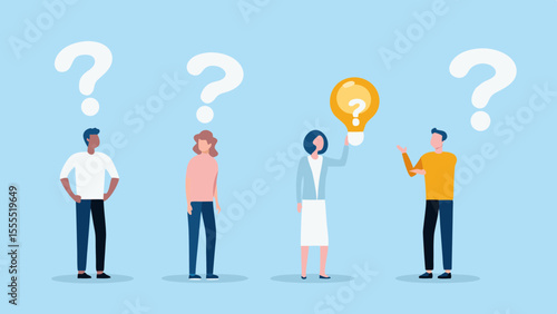 Wallpaper Mural Diverse group of people with question marks and one person holding a bright idea lightbulb Torontodigital.ca