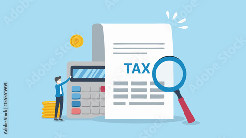 Man using calculator and magnifying glass to examine tax document with coins
