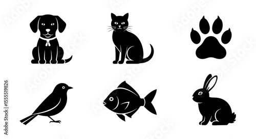 Collection of six animal icons featuring a dog cat paw print bird fish and rabbit in a graphic style