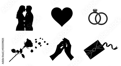 Silhouettes depicting romance with couple, heart, rings, rose, hands, and envelope in a graphic design