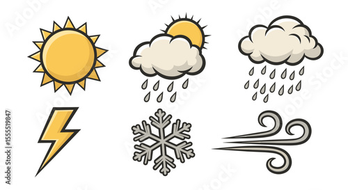 Weather icons showcasing sun, sun behind cloud with rain, cloud with rain, lightning, snowflake, wind