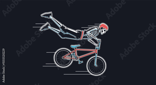 Skeletal BMX rider performing a daring trick during a high-speed race against time