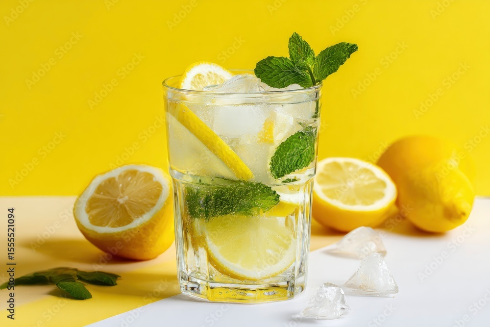 Fototapeta premium Lemonade with mint and ice in a glass accompanied by lemons and ice chunks against a yellow backdrop
