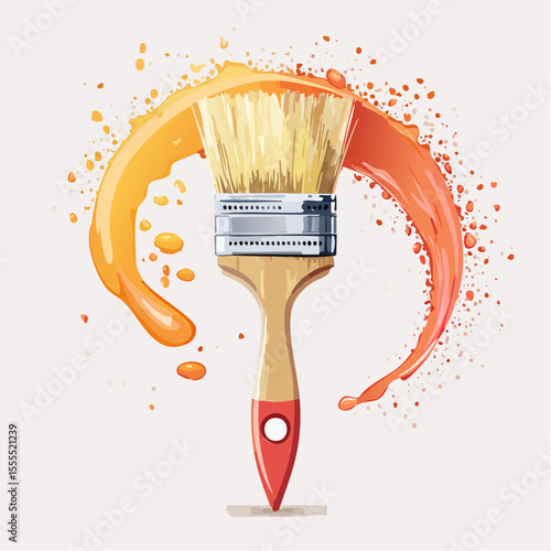 thin paintbrush handle in mustard ink dashes with coral crosshatch bristles and dynamic splash