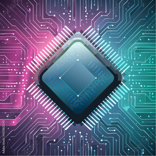 square microchip in obsidian with neon magenta qubit ring and intricate circuit traces