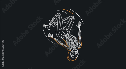 An animated drawing depicts a skeleton performing a mid-air flip with swirling lines around it