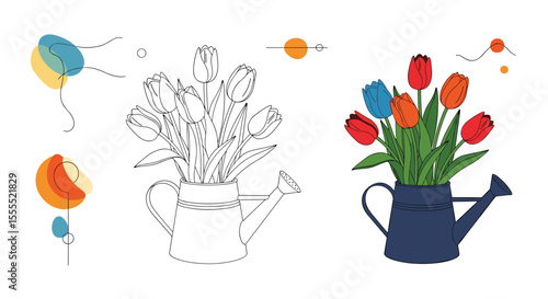 Delightful Tulips Bloom in a Watering Can a Charming Springtime Illustration for Creative Expression and Artistic Inspiration