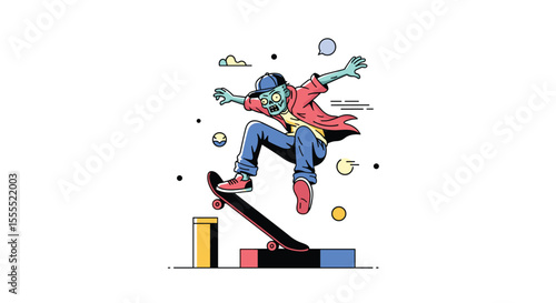 Creative Cartoon Zombie Skateboarder Performing an Awesome Trick on a Ramp Illustration with Colorful Geometric Shapes and Stars