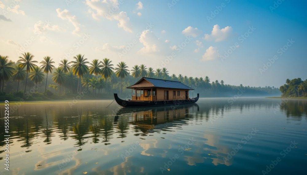 Fototapeta premium A tranquil houseboat rests on a calm lagoon, surrounded by lush palm trees and a misty sunrise. The scene is peaceful and idyllic, reflecting the beauty of tropical nature.