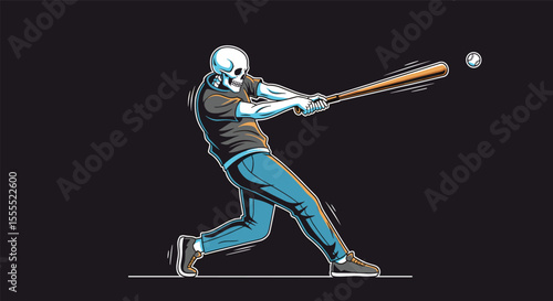 A skeletal baseball player in action swinging a spiked bat at a small ball during a game on a dark background