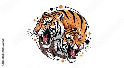 Powerful Majestic Double Tiger Heads Roaring Fiercely in a Circular Design with Stars and Dots