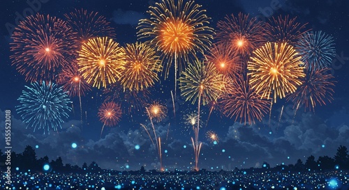 Anime Style Night Sky with Spectacular Fireworks and Glowing Ground Lights