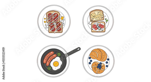 Delicious Breakfast Meal Choices Featuring Pancakes Sausage and Fried Egg with Toast Varieties