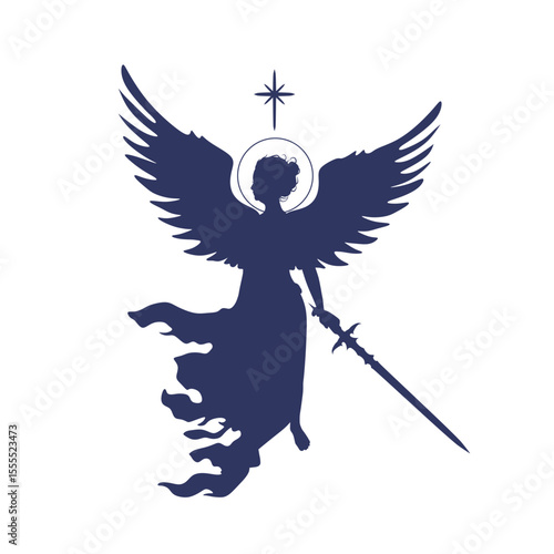 Fantasy woman angel warrior with wings, Warlike girl goddess. Lady elf holding sword in hand.