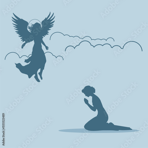 Fantasy woman angel soars in the air with huge bird wings. Girl in levitation flies. Lady goddess in dress, fabric waving fluttering in motion. Goddess girl descends from the sky to praying woman