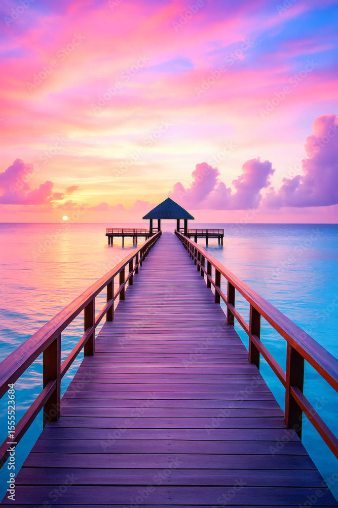 Fototapeta premium Sunset Over Tropical Dock Leading to Ocean Hut