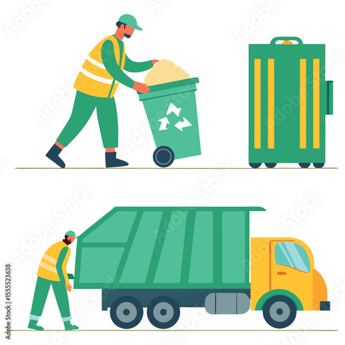 Recycling trash bin and garbage truck collection. Trash utility, disposal and recycling concept set Vector illustration