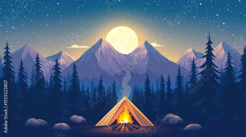 Campfire Under a Starry Sky in the Mountains