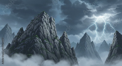Dramatic Anime Scene: Lightning Over Rocky Peaks and Misty Valley
