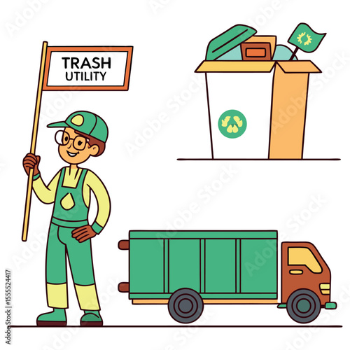 Recycling trash bin and garbage truck collection. Trash utility, disposal and recycling concept set Vector illustration