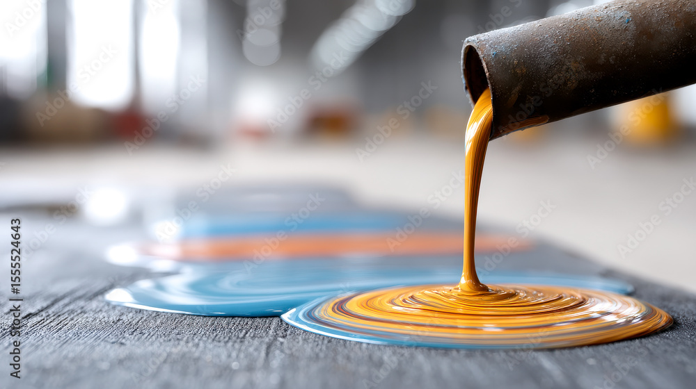 Fototapeta premium Rusty liquid metal pours from a pipe, forming colorful swirling pools on a textured surface in an industrial setting.