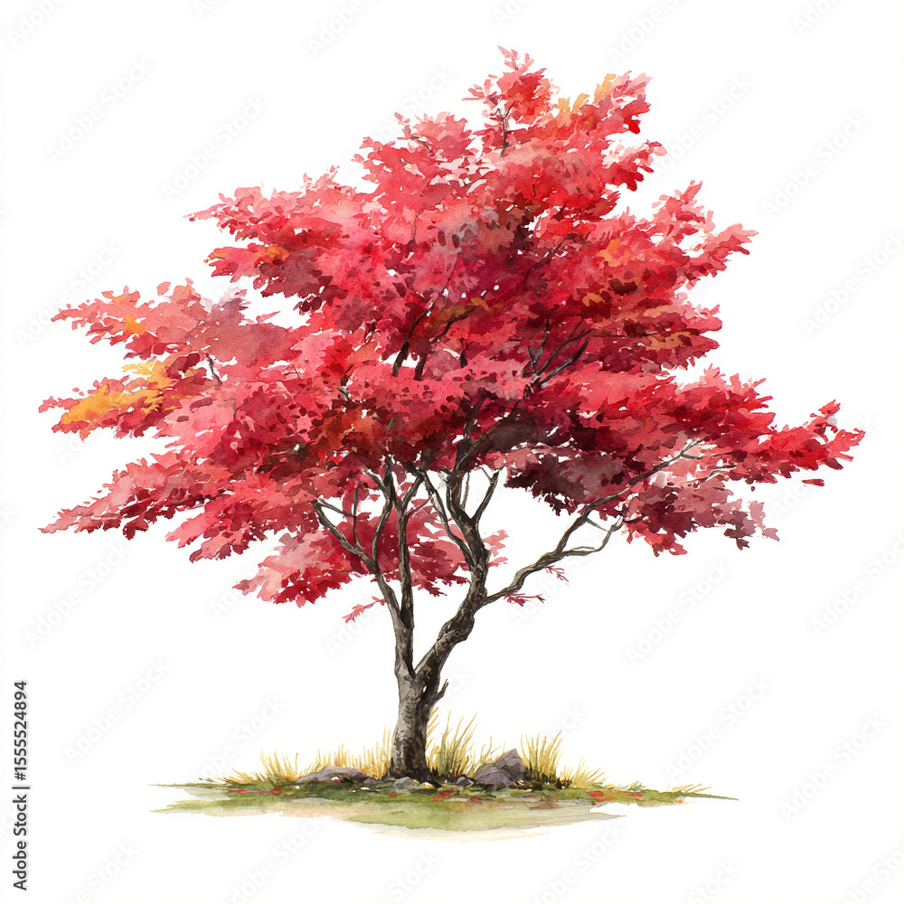 Fototapeta premium A single watercolor radiant Himalayan maple with red leaves