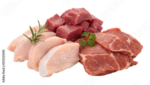 Fotografía Chicken, beef, and pork cuts isolated on transparent background