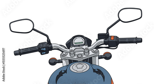 Motorcycle handlebars and front view with rearview mirrors and control grips and dashboard instruments and fuel tank top perspective