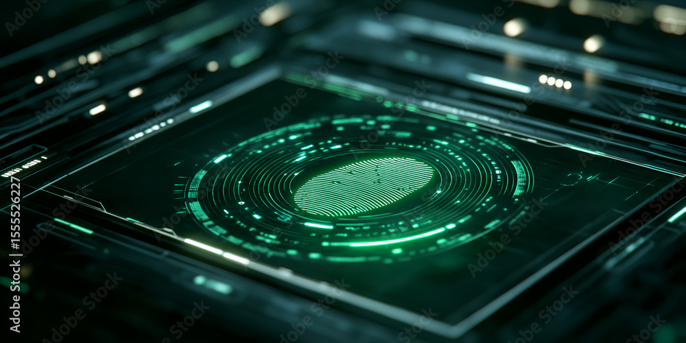 Close-Up of Green Fingerprint Scan on Circuit Board, Digital Fingerprint Technology on High-Tech Screen, Green Light Fingerprint Detection in Tech Lab
Close-Up of Green Fingerprint Scan on Circuit Board, Digital Fingerprint Technology on High-Tech Screen, Green Light Fingerprint Detection in Tech Lab