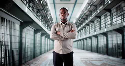 Fotografija African American Police Officer Guards Jail Cell