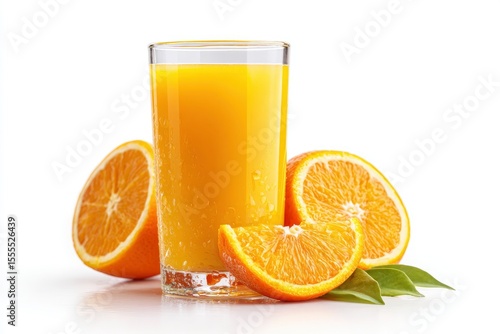 A glass of orange juice surrounded by orange slices and leaves is on a white background