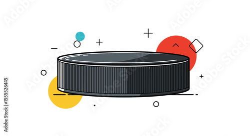 Close up of a hockey puck with graphic elements and bright colorful circles floating around it representing dynamic movement and sport