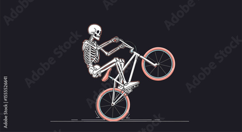 Pixelated Skeleton Rider Performs a Wheelie on a Bike with Fiery Rims Against a Dark Background