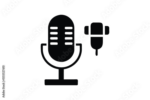 Retro Microphone and Lavalier Clip-on Mic Icon:  Professional Broadcasting, Podcast, Interview, and Voice Recording Studio Equipment Symbol, Simple Black Silhouette Design, Clean Minimalist Style.