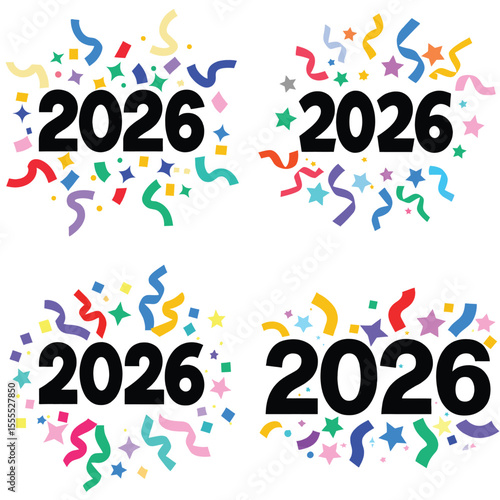 Four instances of the year 2026 surrounded by colorful confetti and streamers