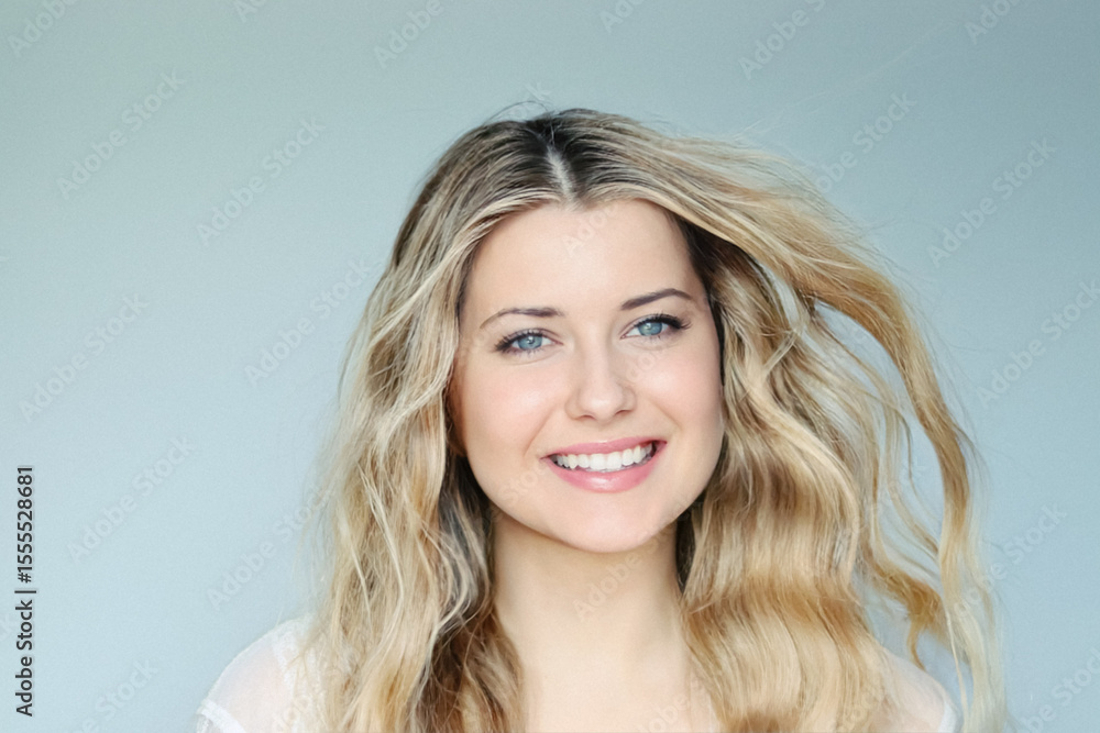 Natural beauty, skincare and healthy white teeth, smiling blonde woman with blue eyes and long wavy hair, posing against a light mint background Natural beauty, skincare and healthy white teeth, smiling blonde woman with blue eyes and long wavy hair, posing against a light mint background