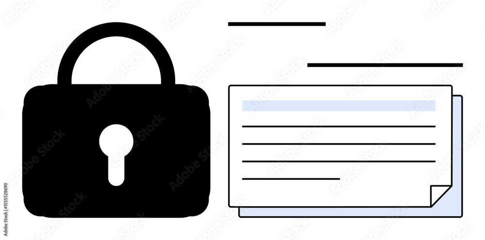Locked padlock symbolizing security alongside a stack of documents with text. Ideal for privacy, data protection, cybersecurity, authentication, online safety, document security, secure storage Locked padlock symbolizing security alongside a stack of documents with text. Ideal for privacy, data protection, cybersecurity, authentication, online safety, document security, secure storage