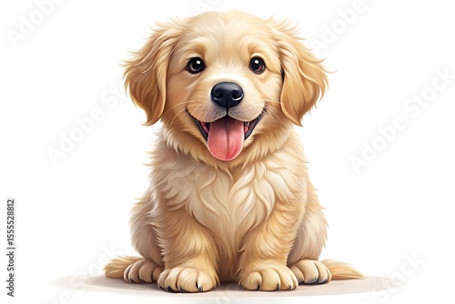 Golden retriever puppy sits happily isolated on white background