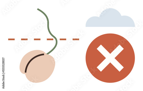 Split seed with dashed line above, green stem, cloud, red circle with X mark. Ideal for failure, growth, error, nature agriculture warning process disruption. Simple flat metaphor