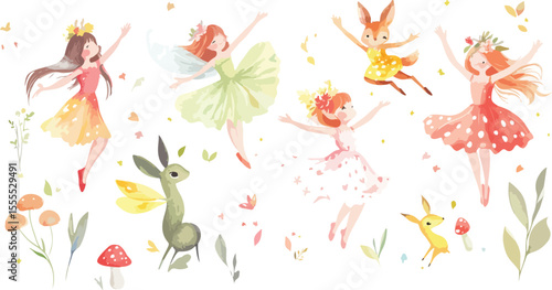 Watercolor Forest Fairies and Animals Dancing in a Magical Woodland Scene