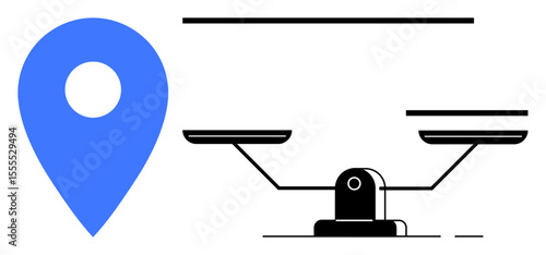 Blue location pin next to black balance scale suggesting harmony, equity, and choices. Ideal for navigation, decision-making, ethics, law, justice equality minimalism. Simple flat metaphor