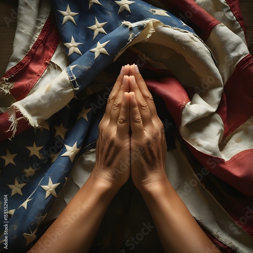 Praying Hands on a Worn American Flag A Symbol of Faith and Patriotism